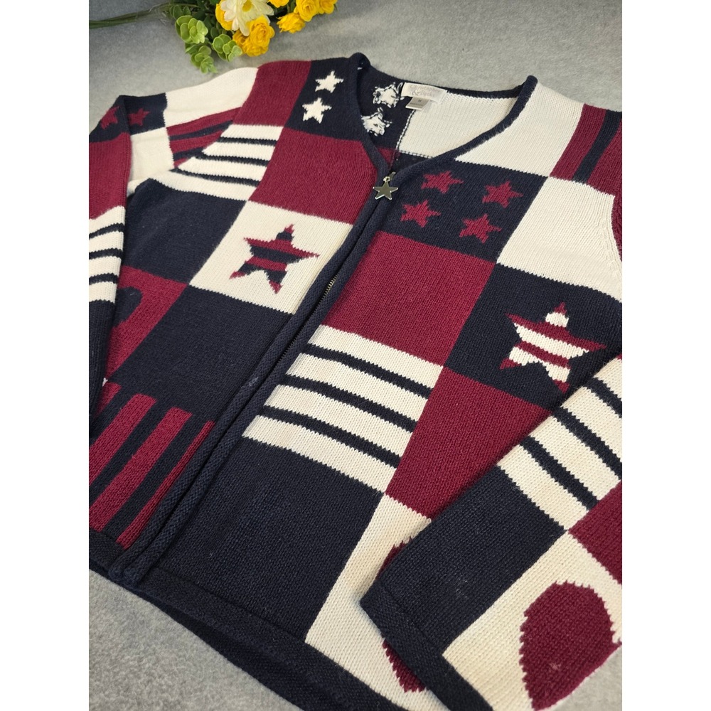 Y2K Christopher & Banks Zip Knit Cardigan Womens M USA Americana Patchwork Star - Picture 3 of 14
